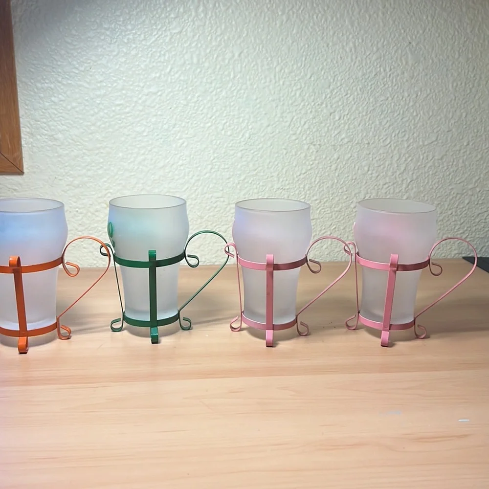 Vintage Set of 4 Soda Mug Glasses Metal Handle 1960’s Mid Century Fountain Shop - Picture 6 of 6